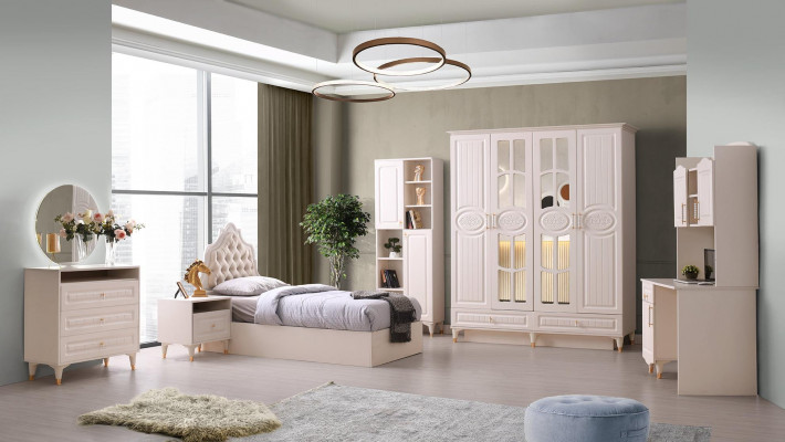Jugendzëmmer-Set 6tlg Beige Eefaarweg Muster Modern Design Schlofzëmmer