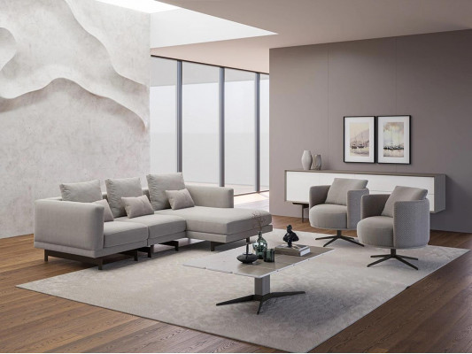 Luxus Komplett 4-deelege Ecksofa L-Form Designer 2x Fauteuil Holz Dësch Neu.