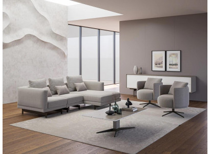 Luxus Komplett 4-deelege Ecksofa L-Form Designer 2x Fauteuil Holz Dësch Neu.
