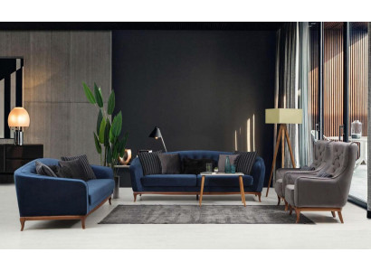 Chesterfield Garnitur Sofagarnitur Luxus Sofa 4+3+1 Sëtzer Grupp Stoff