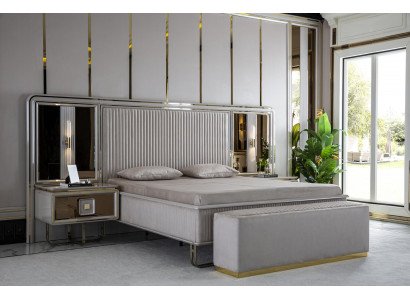 Schlofzëmmer Set Wäiss Bett Holz 2x Nuetsdëscher Modern Hocker Neit 4tlg.