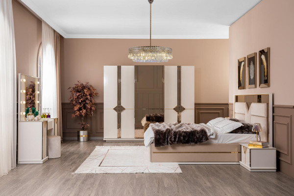 Schlofzëmmer Komplett Set Bett 2x Nuetsdësch Kleederschaf 5tlg Design