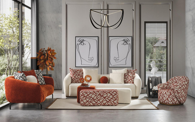 Hocker Fussbänkchen Wierfel Luxus Miwwel Design Stil Lounge Club Stoff orange