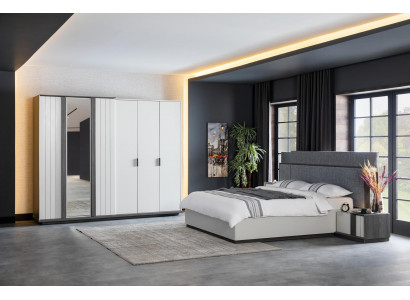 Modern Designer Schlofzëmmer Set Nuetsdëscher Bett Kleederschaf 4 Stécker Holz nei wäiss
