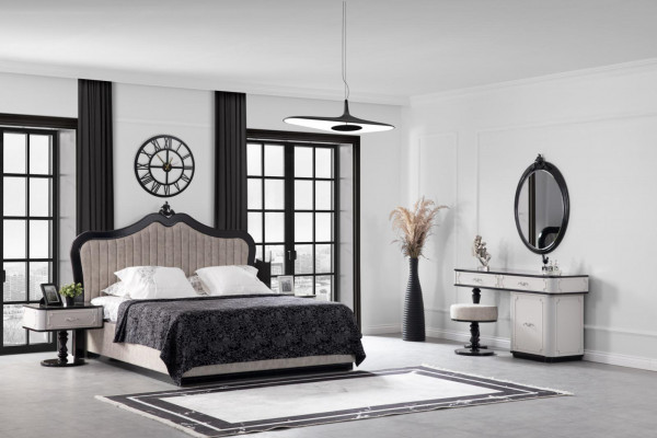 Schlofzëmmer Set Bett 2x Nuetsdësch Kommode mat Spigel 5stéck Modern