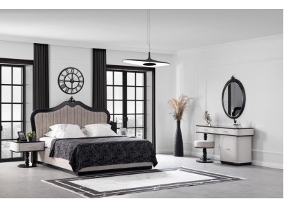 Schlofzëmmer Set Bett 2x Nuetsdësch Kommode mat Spigel 5stéck Modern
