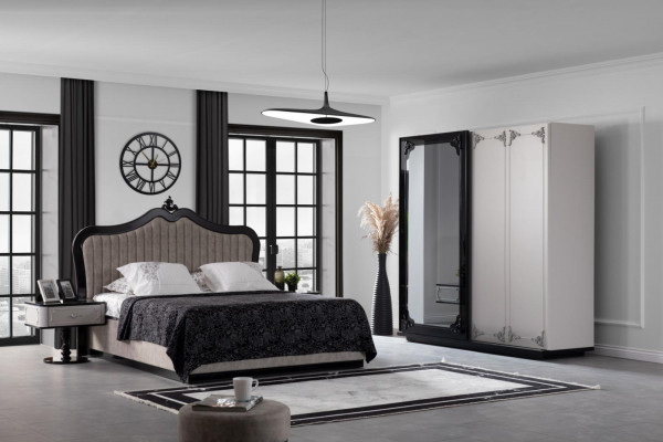 Schlofzëmmer Set Bett 2x Nuetsdësch Kommode mat Spigel 5stéck Modern