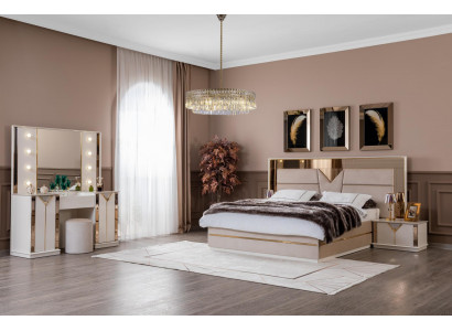 Modern Bett 2x Nuetsdëscher 4-deel Schlofkummer Set Design Luxus nei Modern