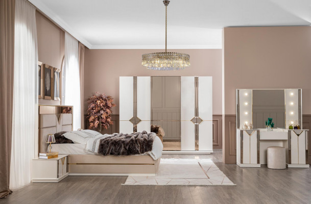 Modern Bett 2x Nuetsdëscher 4-deel Schlofkummer Set Design Luxus nei Modern