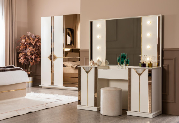Modern Bett 2x Nuetsdëscher 4-deel Schlofkummer Set Design Luxus nei Modern