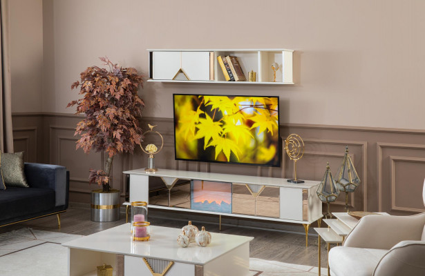 Wunnzëmmer Miwwelen Wunnwand TV-Stänner Wandregal Holz Wäiss nei Modern