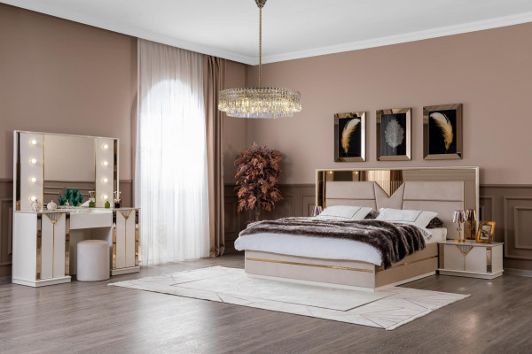 Schlofzëmmer Set Bett 2x Nuetsdëscher Holz Luxus Set 3-Deeler Bett Modern