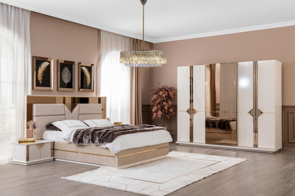 Schlofzëmmer Set Bett 2x Nuetsdëscher Holz Luxus Set 3-Deeler Bett Modern
