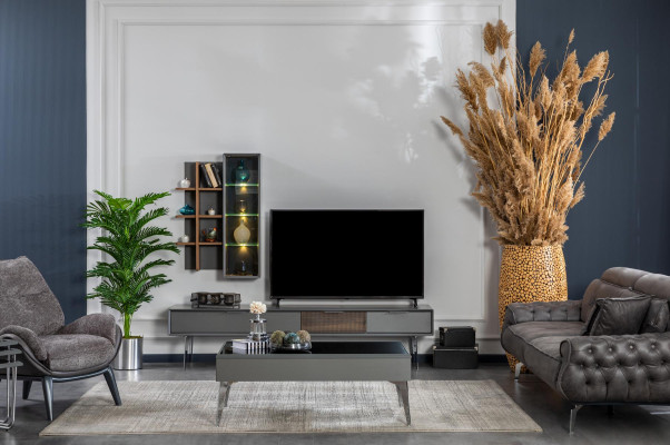 Grou Wandschaf Schranksystemer Miwwelen Holz RTV Fernseher Design Schief