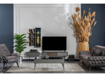 Grou Wandschaf Schranksystemer Miwwelen Holz RTV Fernseher Design Schief