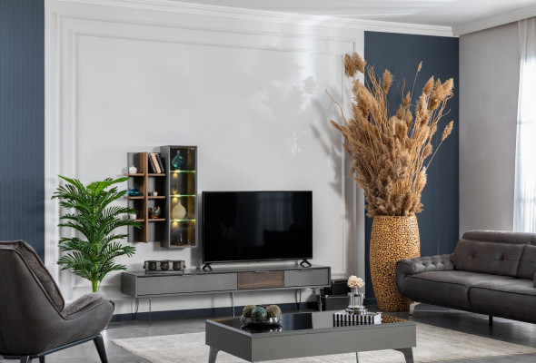Grou Wandschaf Schranksystemer Miwwelen Holz RTV Fernseher Design Schief