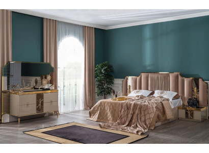 Schlofkummer Set Modern Luxus Bett 2x Nuetsdësch Kommode mat Spigel