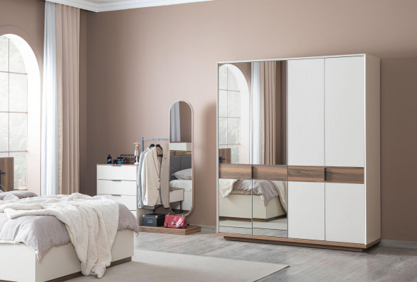 Schlofkummer Kommode mat Spigel Garnitur Holz Modern Wäiss Miwwelen