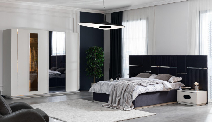 Schlofzëmmer Set Bett 2x Nuetsdëscher Kleederschaf 4tlg Design nei