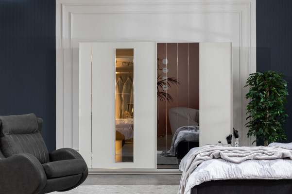 Schlofzëmmer Set Bett 2x Nuetsdëscher Kleederschaf 4tlg Design nei
