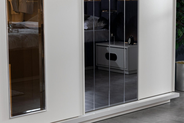 Schlofzëmmer Set Bett 2x Nuetsdëscher Kleederschaf 4tlg Design nei