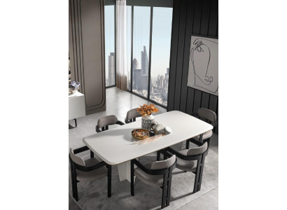 Dësch 6x Still Iesszëmmer Komplett Set Grupp Holz 7tlg nei Modern