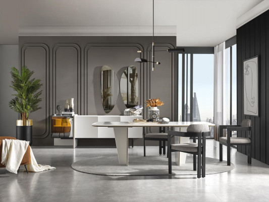 Dësch 6x Still Iesszëmmer Komplett Set Grupp Holz 7tlg nei Modern