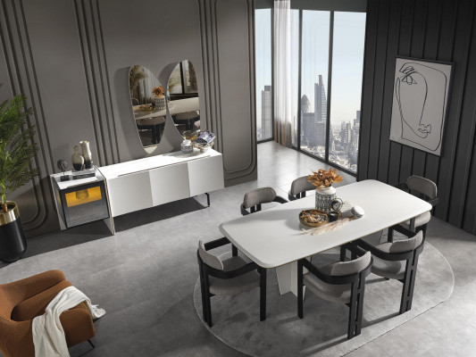 Dësch 6x Still Iesszëmmer Komplett Set Grupp Holz 7tlg nei Modern