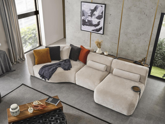 Eckcouch L-Form Design Sofa Holz mat Textilstoff Polster nei Miwwelen wäiss