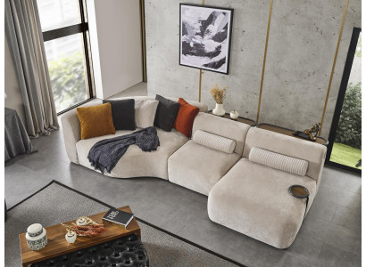 Eckcouch L-Form Design Sofa Holz mat Textilstoff Polster nei Miwwelen wäiss
