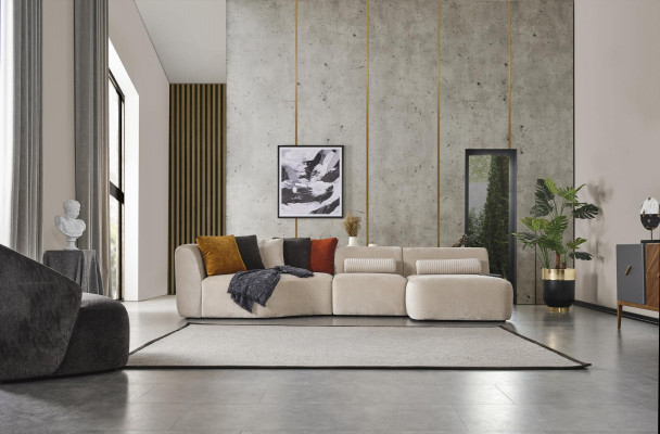 Eckcouch L-Form Design Sofa Holz mat Textilstoff Polster nei Miwwelen wäiss
