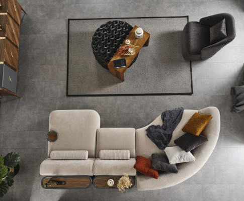 Eckcouch L-Form Design Sofa Holz mat Textilstoff Polster nei Miwwelen wäiss