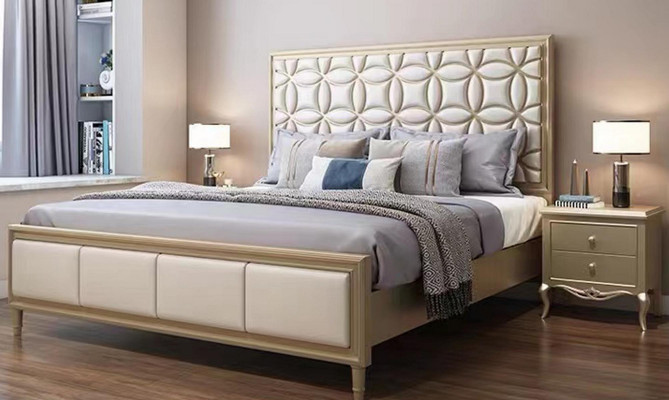 Bett Betten Duebelbett Schlofkummer Konschtléder Gestofféiert Beige Duebelbetter Neit