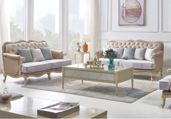 Beige Chesterfield Couch-Set 3+2 Sëtzer Designer Wunnzëmmer Couches 2-teileg Set