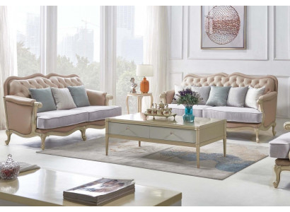 Beige Chesterfield Couch-Set 3+2 Sëtzer Designer Wunnzëmmer Couches 2-teileg Set