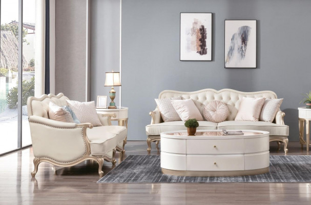 Klassesch Chesterfield Couch 3+2 Sëtzer Sofa Couchen Miwwelen Beige