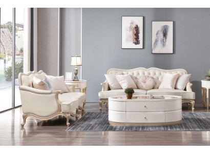 Klassesch Chesterfield Couch 3+2 Sëtzer Sofa Couchen Miwwelen Beige