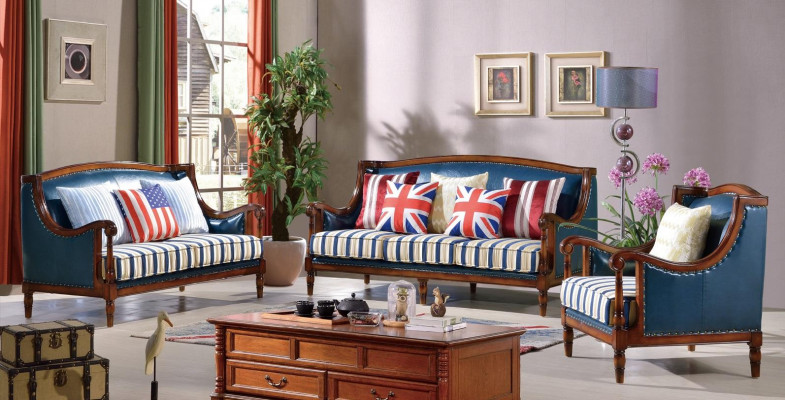 Amerikanesch Sofa Garnitur Ledersofa Couch Polster 321 Sëtzer Holz Empire Miwwelen