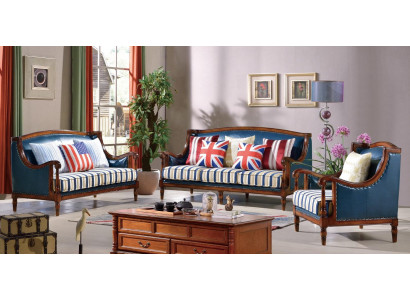 Amerikanesch Sofa Garnitur Ledersofa Couch Polster 321 Sëtzer Holz Empire Miwwelen
