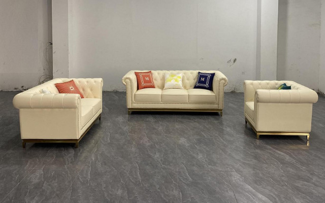 Chesterfield Wunnzëmmer Canapé Sofa Set Luxus Garnitur 3+2+1 Orange Nei