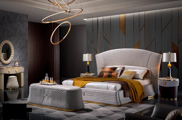 Schlofzëmmer Set Komplett Schlofmöbel Make-up Dësch Nuetsdëscher Kommode Bett 7-Deeler