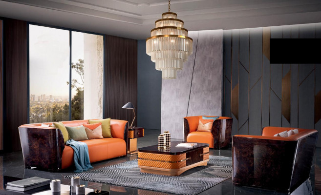 Orange Lieder Sofagarnitur 3+2 Sëtzer Set Designer Sofaen Wunnzëmmer Garnitur