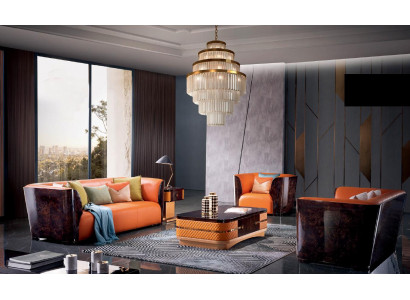 Orange Lieder Sofagarnitur 3+2 Sëtzer Set Designer Sofaen Wunnzëmmer Garnitur