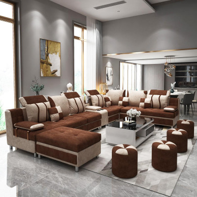 Sofa U-Form Braun Polsterstoff Fir Z'erhuelen am Wunnzëmmer Weich Këssen