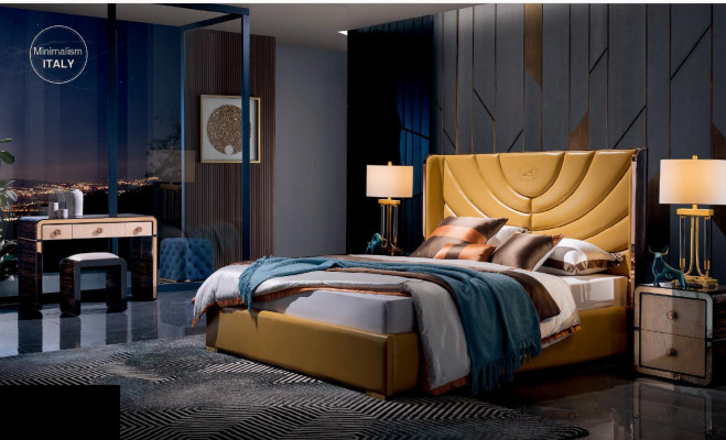 Bett + 2x Nuetsdëscher 3tlg. Schlofzëmmer Set Italienesch Möbel Stil Modern