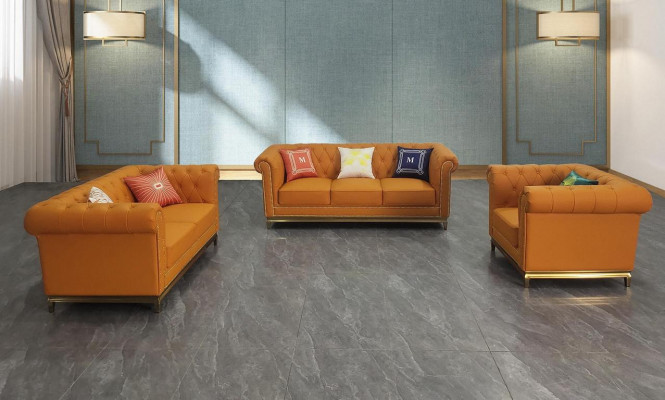 Chesterfield Wunnzëmmer Canapé Sofa Set Luxus Garnitur 3+2+1 Orange Nei