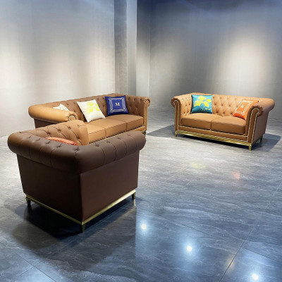 Chesterfield Wunnzëmmer Canapé Sofa Set Luxus Garnitur 3+2+1 Orange Nei