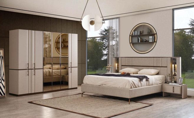 Moderne beige Duebelbett 2x Nuetsdëscher Kleederschaf Holz Miwwelen