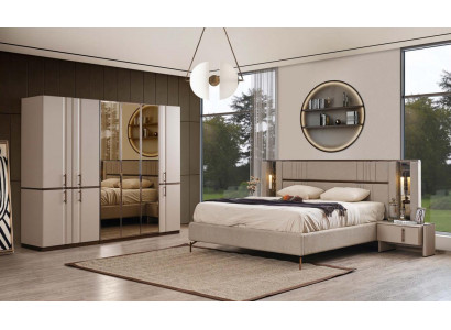 Moderne beige Duebelbett 2x Nuetsdëscher Kleederschaf Holz Miwwelen