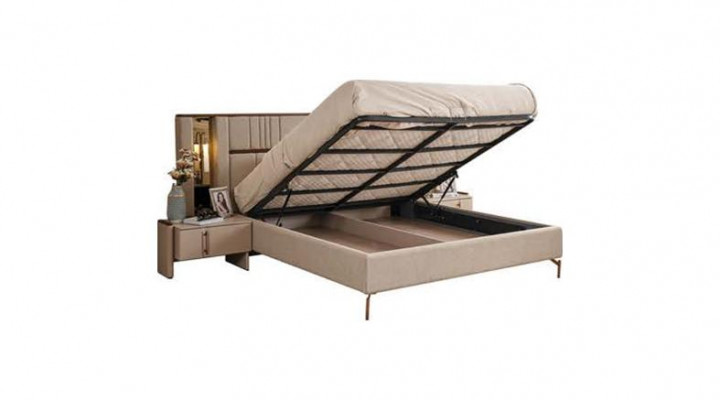Moderne beige Duebelbett 2x Nuetsdëscher Kleederschaf Holz Miwwelen